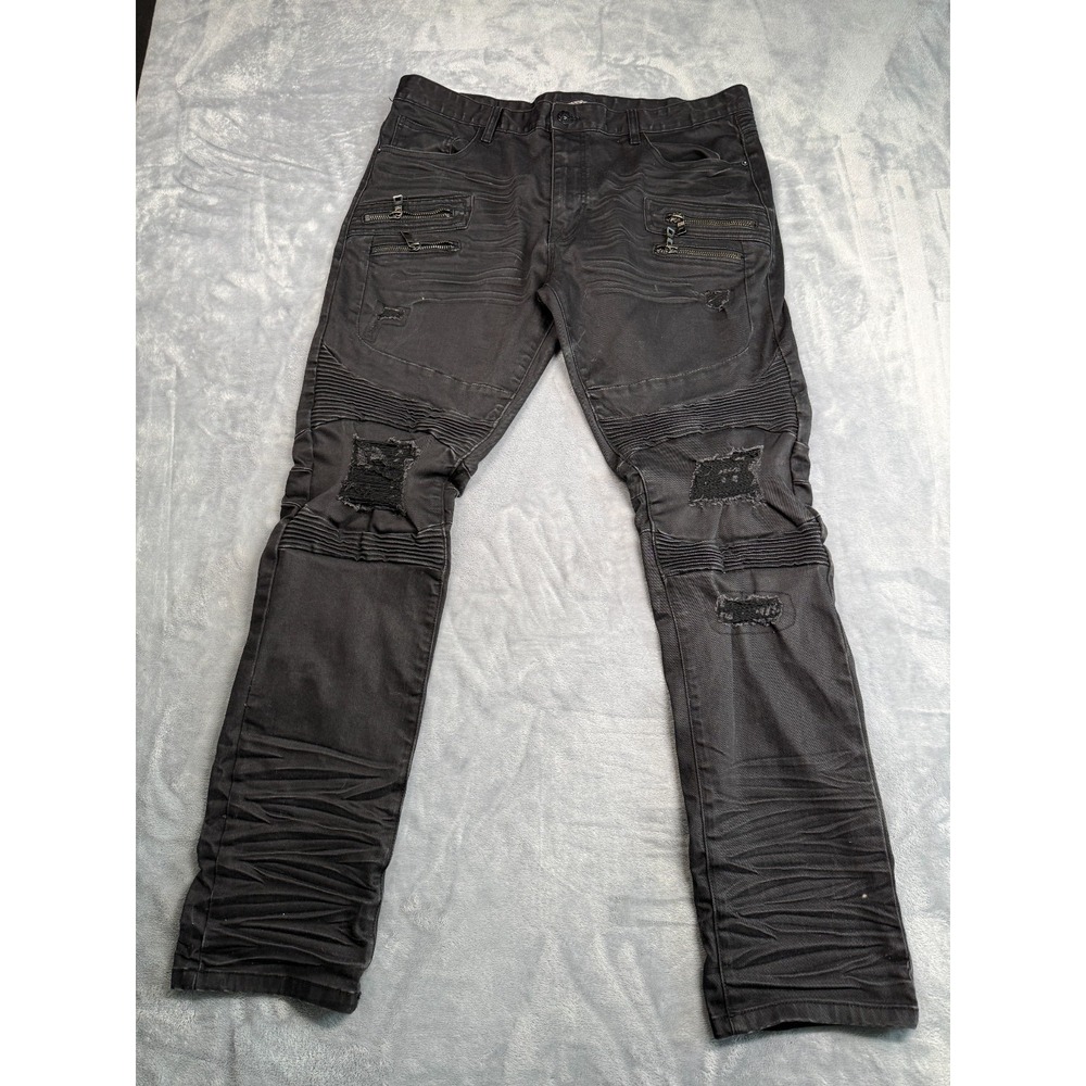 Smoke Rise Moto Jeans Mens 40x34 Black Denim Distressed Ribbed Detail Straight